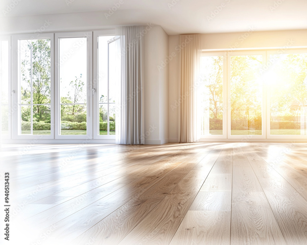 Fototapeta premium Bright and airy interior space with large windows, showcasing warm sunlight illuminating polished wooden floors.