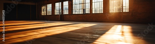 A warm, inviting interior with sunlight streaming through large windows, casting beautiful shadows on the wooden floor.