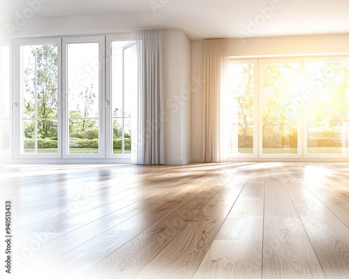 Bright and airy interior space with large windows, showcasing warm sunlight illuminating polished wooden floors.