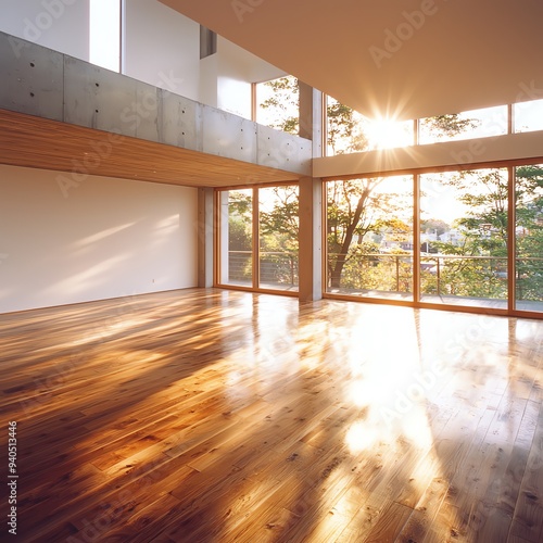 Bright and spacious modern interior featuring large windows, natural light, and polished wooden flooring, perfect for minimalist design.