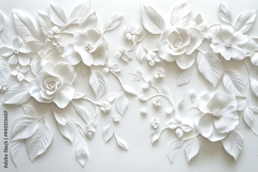 White 3D Floral Relief Pattern on Wall White 3D Floral Relief Pattern on Wall