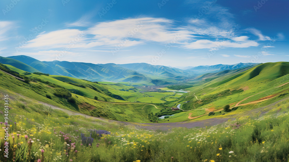Obraz premium Serene Mountain Valley Landscape with Winding Road and Wildflowers