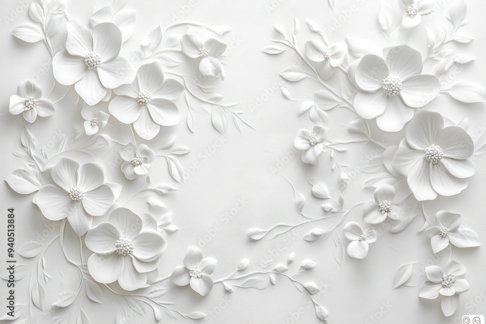 White 3D Embossed Floral Design on a White Background White 3D Embossed Floral Design on a White Background