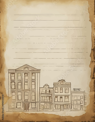 Vintage Cityscape Sketch: Old-fashioned Buildings and Street