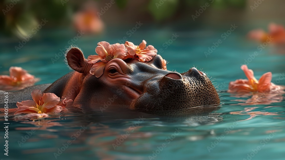 Fototapeta premium A hippopotamus enjoying a luxurious spa surrounded by exotic flowers, creating a serene and indulgent atmosphere.
