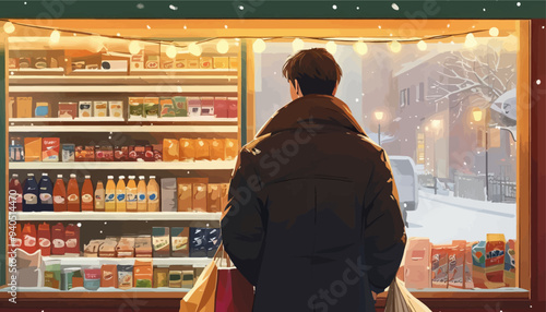 Winter Scene: Man Standing in Front of Grocery Store Window