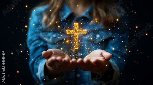 woman's hand reaches out toward a blurred, glowing Christian cross radiating light. The cross symbolizes faith, hope, and divine guidance in a mystical, ethereal setting that evokes spiritual reflecti