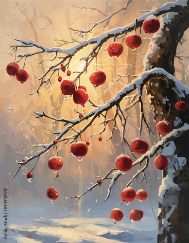 Winter's Embrace: A Tree's Red Apples Hanging in Snowy Branches