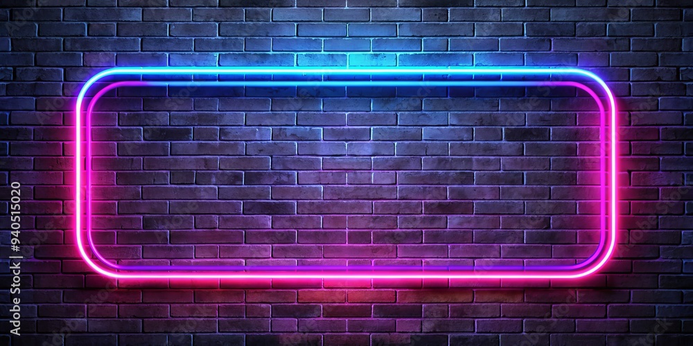 Neon Sign Frame on Brick Wall, Neon Light, Neon Sign, Background Neon Sign Frame on Brick Wall, Neon Light, Neon Sign, Background