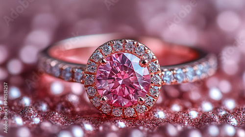 a diamond ring with a large, sparkling diamond on a elegant background with bokeh light effects.