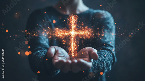 woman's hand reaches out toward a blurred, glowing Christian cross radiating light. The cross symbolizes faith, hope, and divine guidance in a mystical, ethereal setting that evokes spiritual reflecti