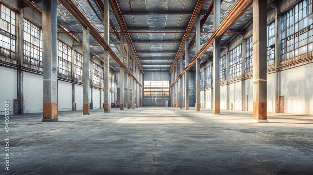 A spacious, empty industrial interior with tall metal pillars and blank white walls, ready for customization or industrial use A spacious, empty industrial interior with tall metal pillars and blank white walls, ready for customization or industrial use