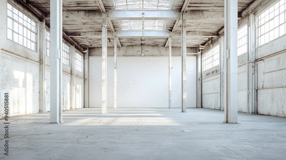 A spacious, empty industrial interior with tall metal pillars and blank white walls, ready for customization or industrial use A spacious, empty industrial interior with tall metal pillars and blank white walls, ready for customization or industrial use
