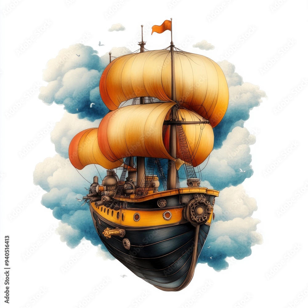 Steampunk Airship Sailing Through the Clouds Steampunk Airship Sailing Through the Clouds