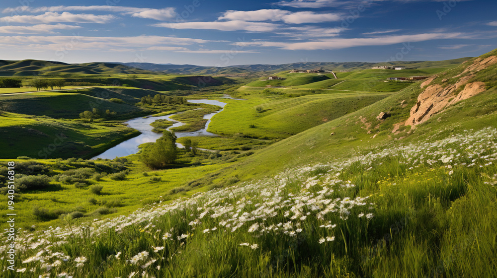 Obraz premium Serene River Valley Landscape with Green Hills and White Flowers