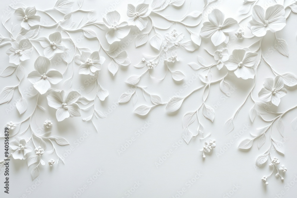 White Paper Flowers and Leaves on a White Background White Paper Flowers and Leaves on a White Background