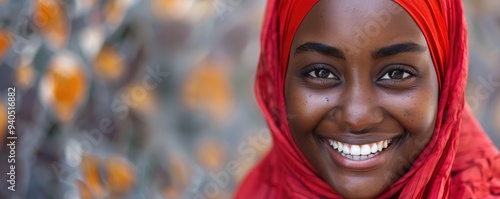 Portrait of a smiling woman wearing a vibrant orange hijab. photo