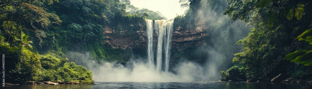 Lush Rainforest Waterfall with Mist and Foamy Water Lush Rainforest Waterfall with Mist and Foamy Water