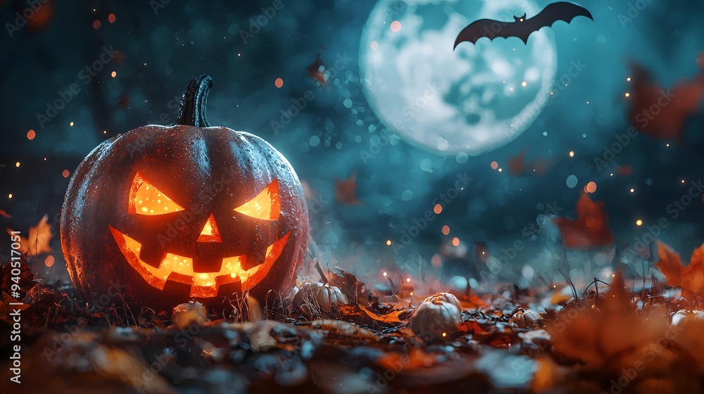 Fototapeta premium Spooky Halloween pumpkin glowing under a full moon with a bat flying overhead.