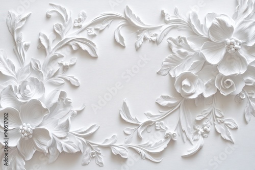 White Floral Relief Design with Curved Vines and Flower Buds