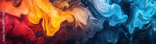 Abstract Swirling Paint in Red, Orange, Gold, and Blue photo