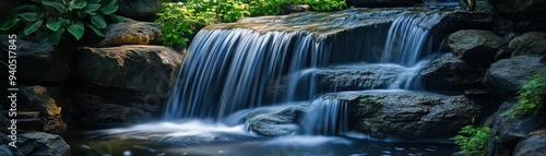 Cascading Waterfall over Smooth Rocks in a Lush Garden