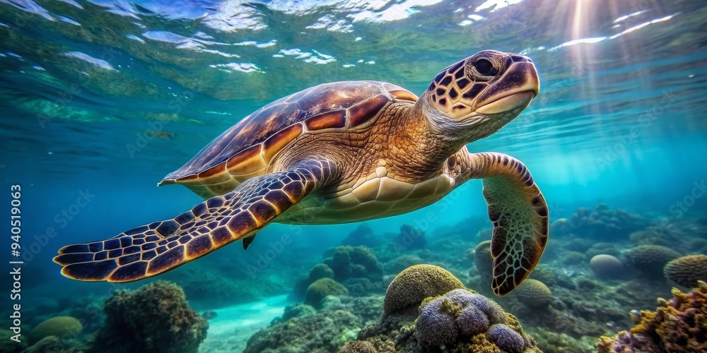 Fototapeta premium Sea Turtle Underwater, Sunbeam, Coral Reef, Blue Water, Marine Life, sea turtle, underwater