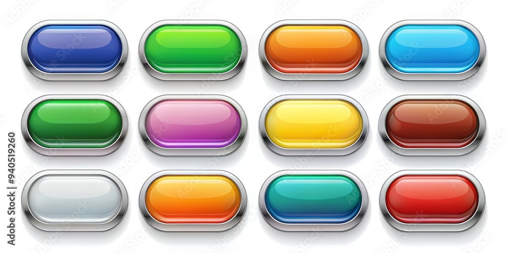 Set of 12 Colorful Glossy Buttons with Chrome Frame, Glassy, Web Design , UI , UX Set of 12 Colorful Glossy Buttons with Chrome Frame, Glassy, Web Design , UI , UX