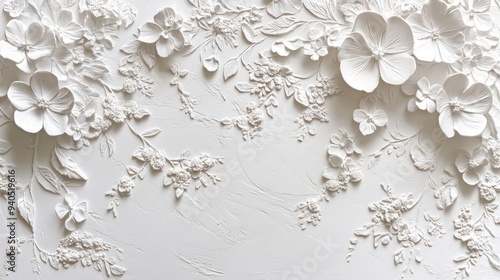 White Floral Wall Decor with Embossed Flowers and Leaves