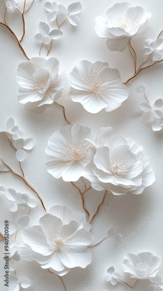 White Paper Flowers and Gold Branches on White Textured Background White Paper Flowers and Gold Branches on White Textured Background