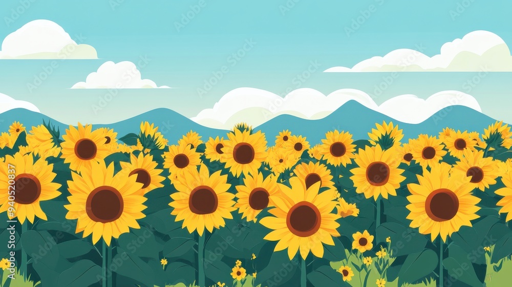 Sunflower field flat design, front view, tall golden blooms theme, cartoon drawing, vivid Sunflower field flat design, front view, tall golden blooms theme, cartoon drawing, vivid