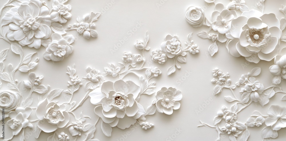 White Floral 3D Wall Decor with Intricate Relief Detail White Floral 3D Wall Decor with Intricate Relief Detail