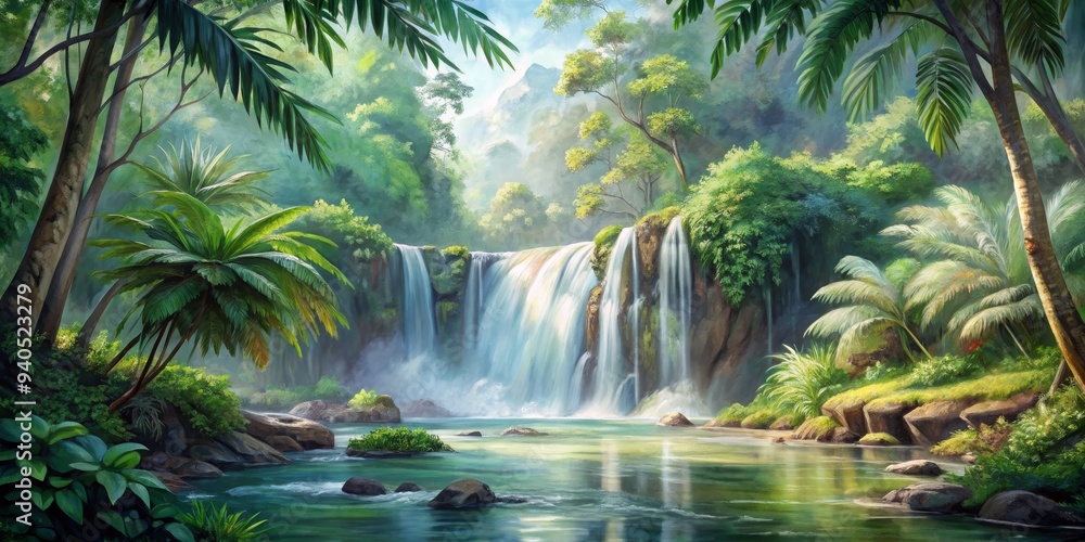 Tranquil Jungle Waterfall, Digital Painting, Lush Green Foliage, Mist, Waterfall, Tropical Paradise, Jungle Tranquil Jungle Waterfall, Digital Painting, Lush Green Foliage, Mist, Waterfall, Tropical Paradise, Jungle