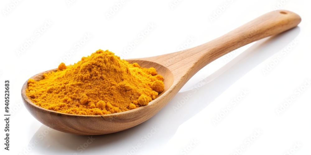 Turmeric Powder in a Wooden Spoon, Spice, Ingredient, Culinary Turmeric Powder in a Wooden Spoon, Spice, Ingredient, Culinary