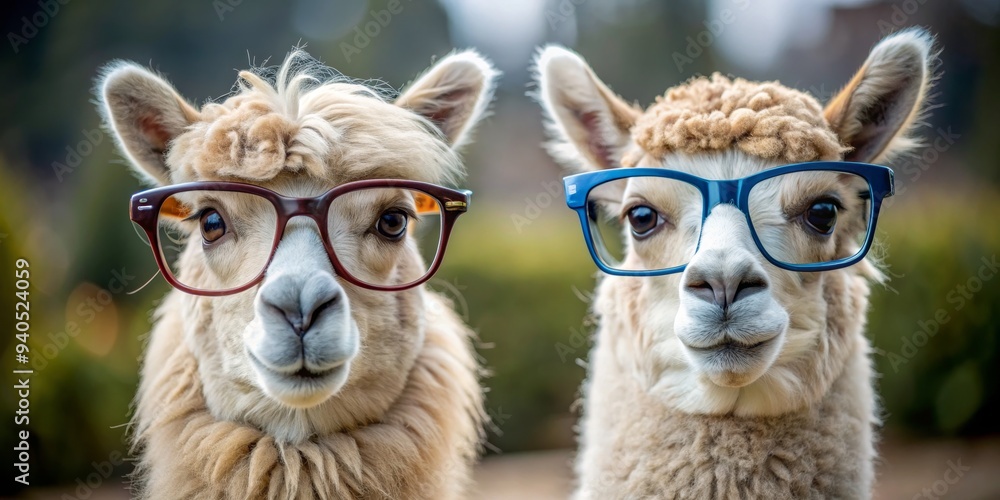 Two Alpaca Wearing Glasses, Close-up Portrait, Soft Fur, Brown and Blue Frames, Cute Animal, alpaca, animal Two Alpaca Wearing Glasses, Close-up Portrait, Soft Fur, Brown and Blue Frames, Cute Animal, alpaca, animal