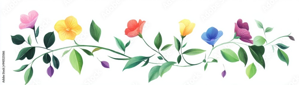 Flowering vines flat design, side view, trailing plants theme, cartoon drawing, colored pastel Flowering vines flat design, side view, trailing plants theme, cartoon drawing, colored pastel