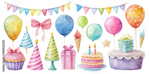 Watercolor Birthday Party Clipart - Balloons, Cake, Gift, Flags, Party Hat, Birthday Party, Clipart photo