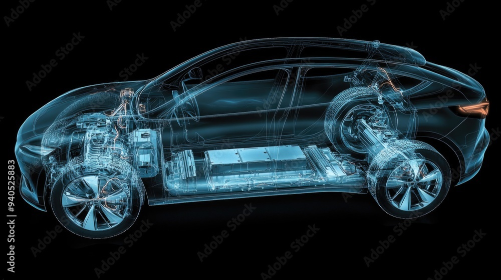Detailed view showcasing the complex internal structure of an electric vehicle Detailed view showcasing the complex internal structure of an electric vehicle
