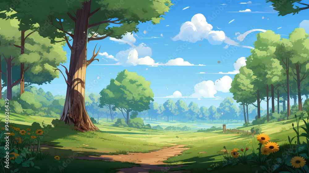 Fototapeta premium Serene Summer Landscape: Green Meadow, Forest Path, and Sunlit Sky