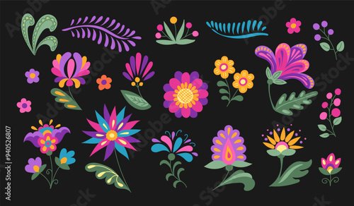 Mexican Folk floral doodle set with fantasy flowers and leaves in bright color on black background. Botanical flat stickers in Mexican traditional style. Vector clipart for day of the dead holiday