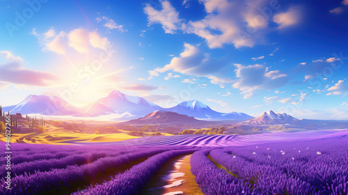 Stunning Lavender Field with Mountain Range and Blue Sky