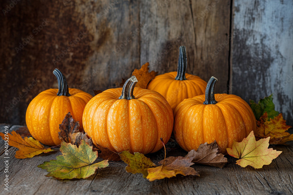 pumpkins and leaves on a wooden surface pumpkins and leaves on a wooden surface