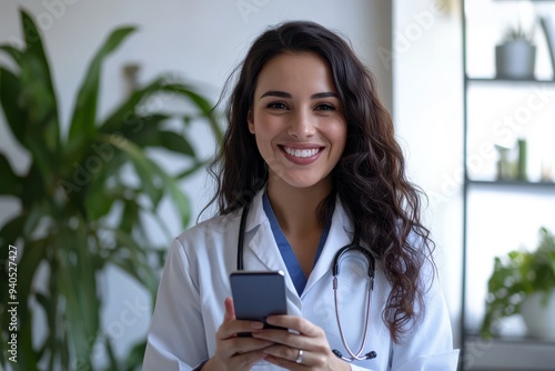 Female Doctor Smiling with Smartphone in Office, Telemedicine Concept
