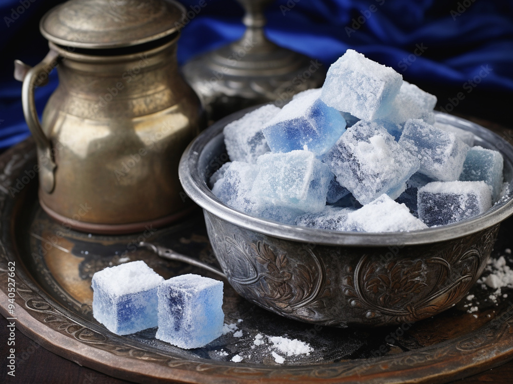 Blue Sweet delicious candy decorated in an Arabic way in antique bowl Blue Sweet delicious candy decorated in an Arabic way in antique bowl