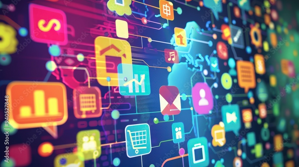 A vibrant digital background featuring various social media and communication icons. A vibrant digital background featuring various social media and communication icons.