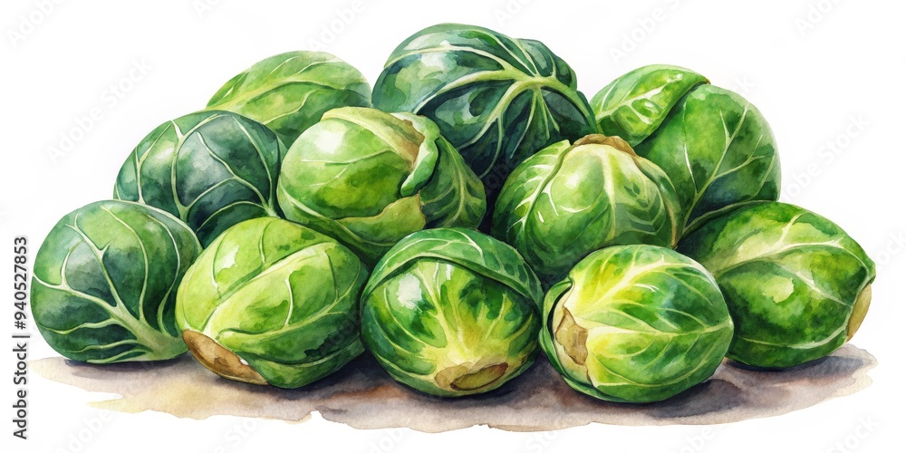 Fototapeta premium Watercolor Painting of a Pile of Fresh Brussels Sprouts, watercolor, vegetables, food, brussels sprouts