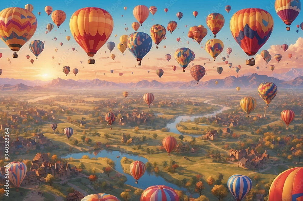 Fototapeta premium epic landscape during sunset full of hot air balloons 