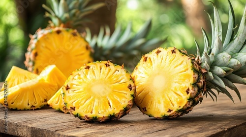 Pineapple fruits with slices on wooden table in pineapple farming photo