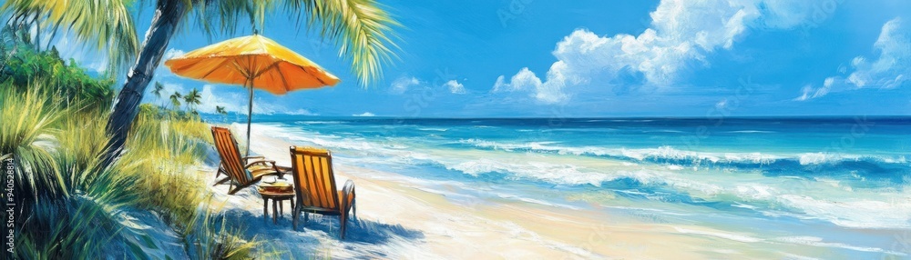 Two Beach Chairs Under an Umbrella with a View of the Ocean Two Beach Chairs Under an Umbrella with a View of the Ocean