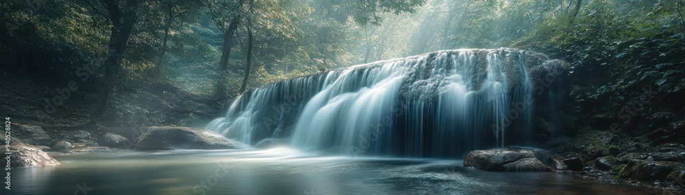Fototapeta premium Serene Waterfall Cascading Through Lush Greenery